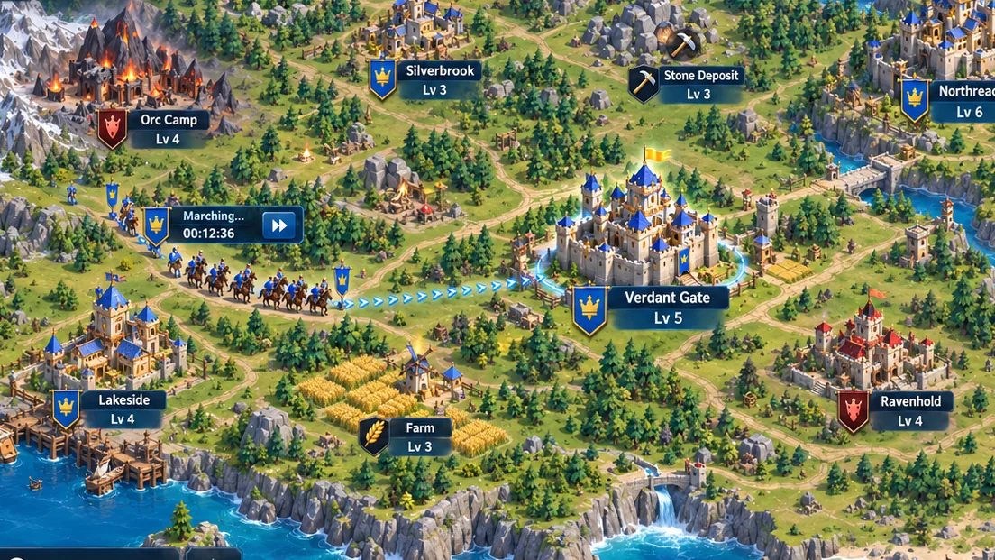 Concept art: an army marching across the world map towards a rival's castle